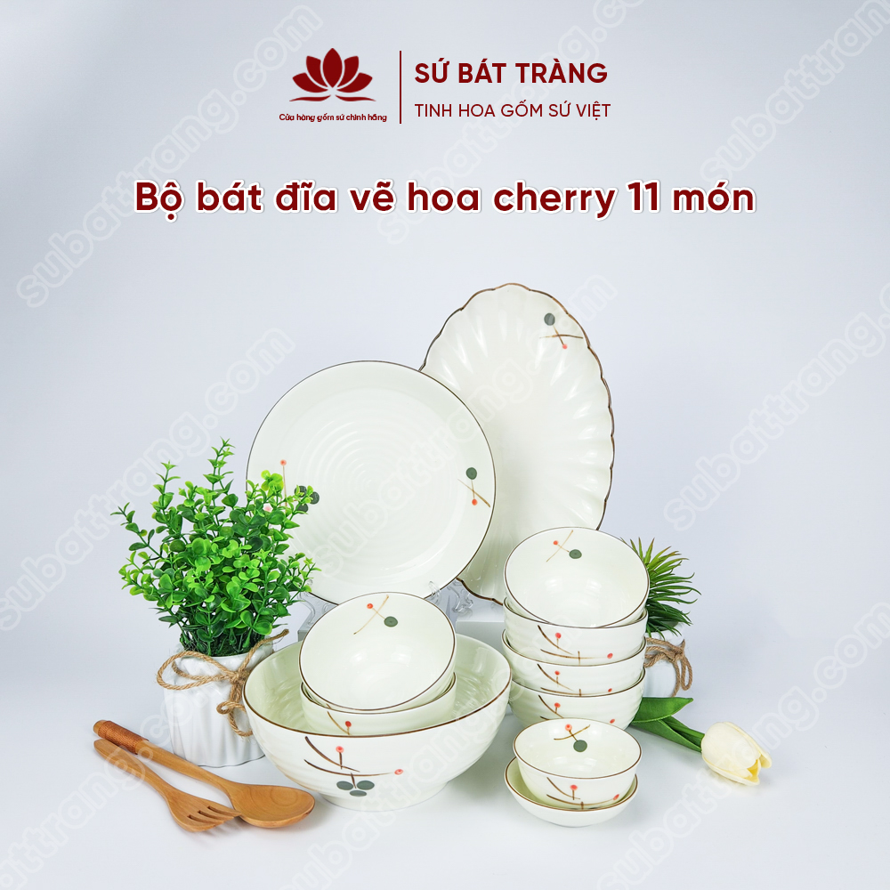 Bộ bát đĩa vẽ hoa cherry cao cấp Bát Tràng