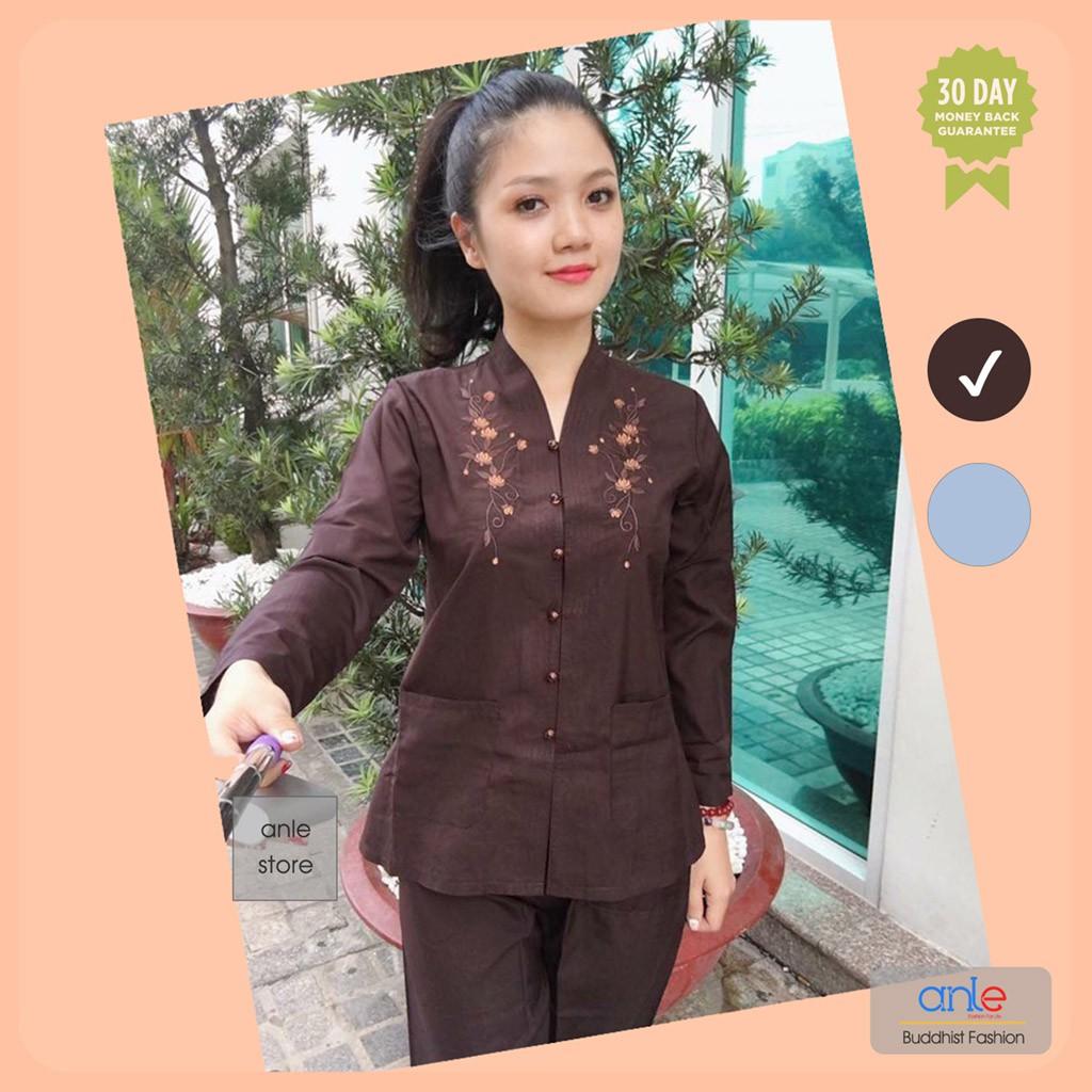 Đồ lam đi chùa Bộ Bà Lai Tôn Thêu Hoa - Bộ đồ đi chùa vải Tôn Mát co dãn Thoải mái - Anle Store