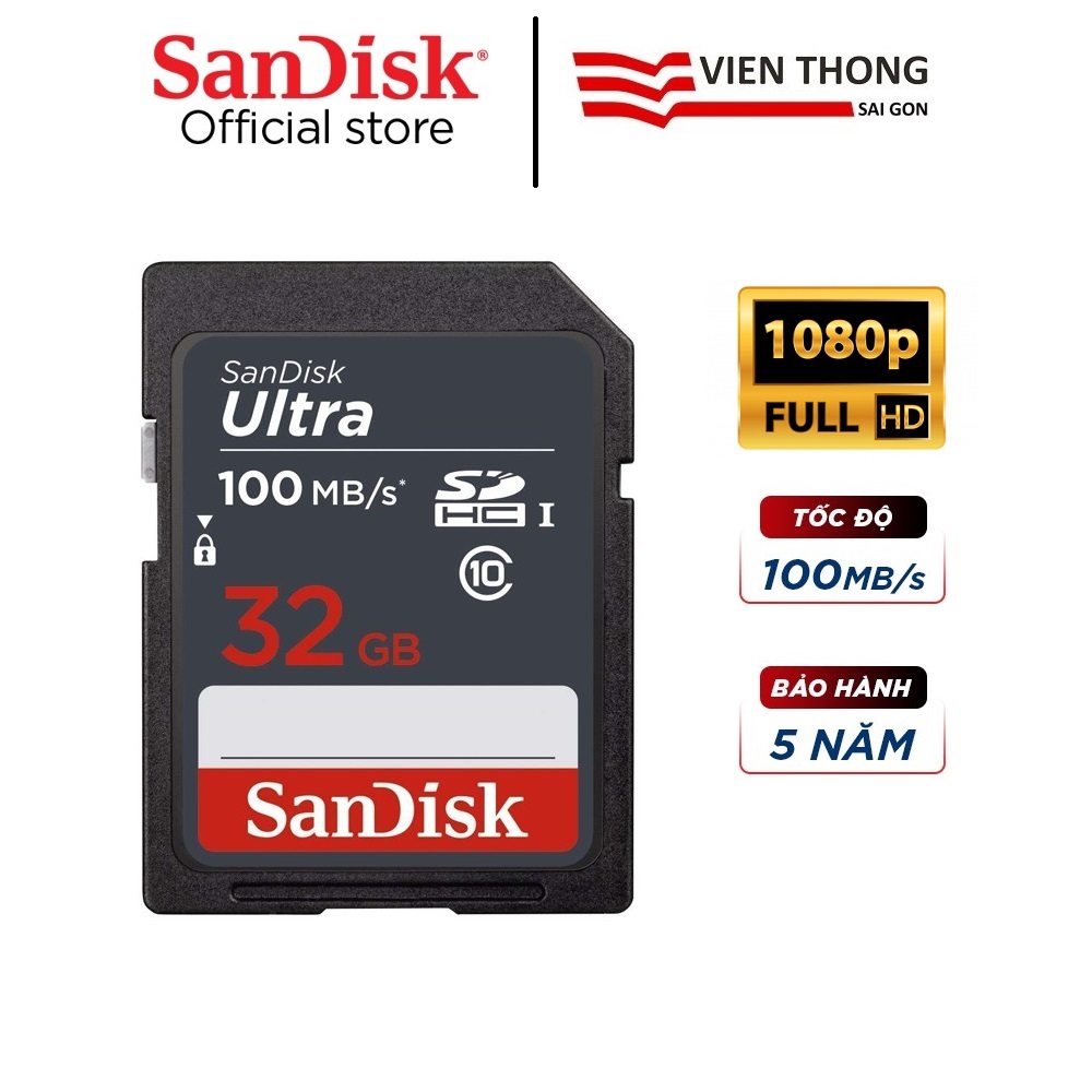 Thẻ nhớ SD Sandisk Ultra GN3 32GB 100MB/s UHS-I (cho máy ảnh) - Hàng Chính Hãng