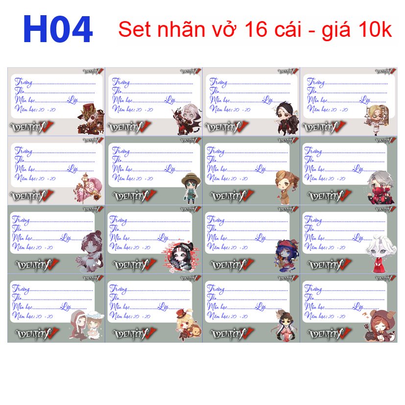 Nhãn vở set 64 Identity V