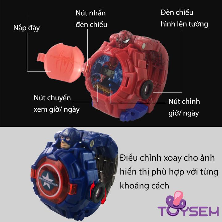Đồng hồ biến hình siêu nhân chiếu tường xem được ngày giờ, Đồng hồ nhân vật hoạt hình người nhện, người sắt, Quà tặng sinh nhật cho bé