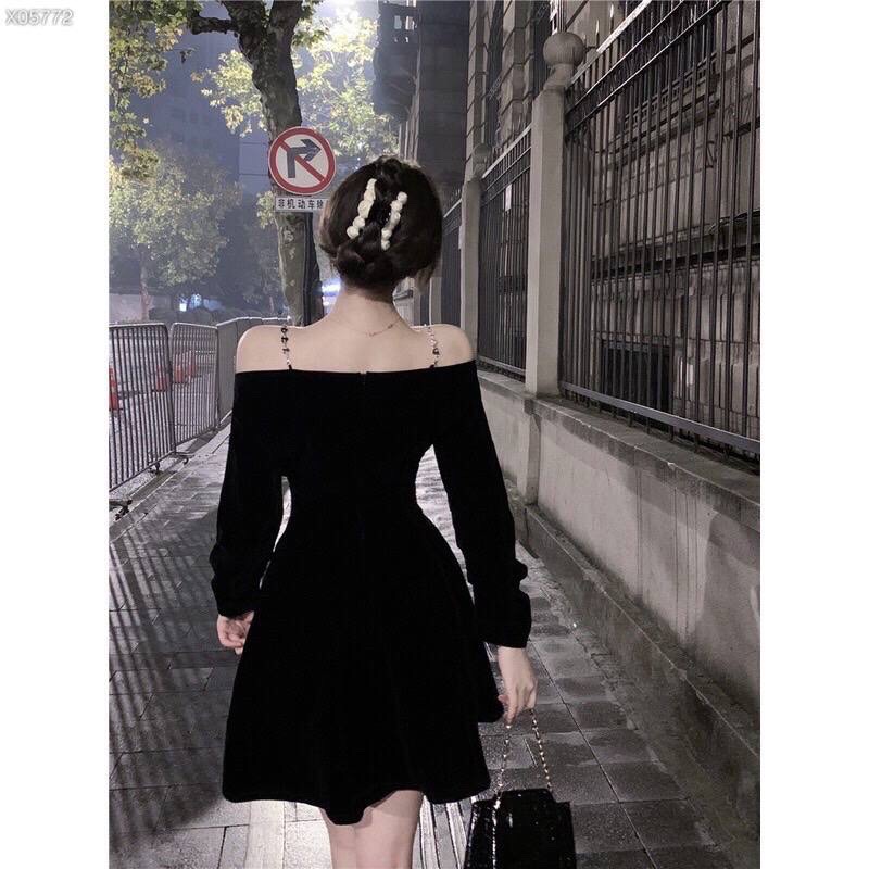 ĐẦM NHUNG SUÔNG TRƠN DÂY TRỄ VAI DỰ TIỆC GIÁNG SINH NOEL ĐEN