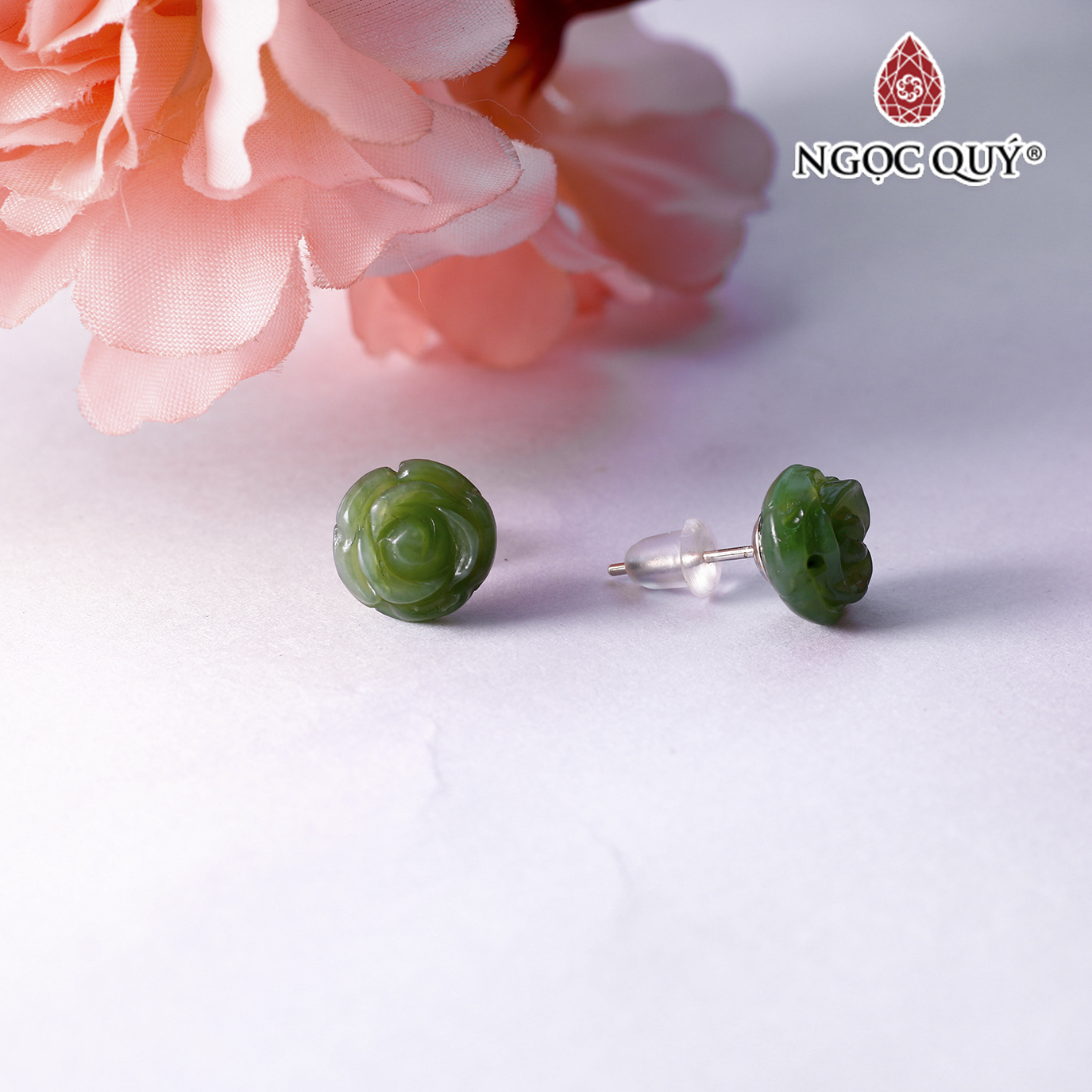 Bông tai bạc hoa hồng đá ngọc bích nephrite mệnh hỏa, mộc - Ngọc Quý Gemstones