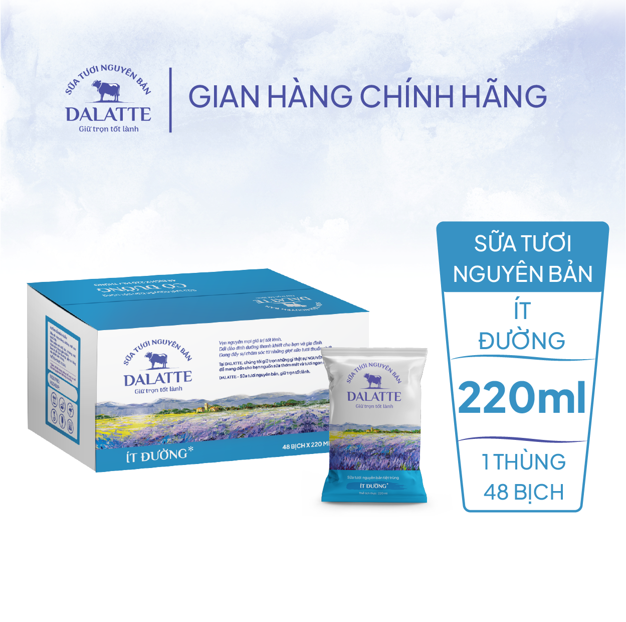 Thùng 48 bịch DALATTE 220ml SỮA TƯƠI NGUYÊN BẢN tiệt trùng - Ít đường - 48 bịch Giữ trọn nguyên bản, trao trọn tốt lành