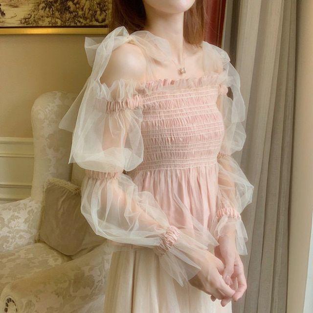Áo kiểu nhún tay lưới nơ bánh bèo xinh iu iu