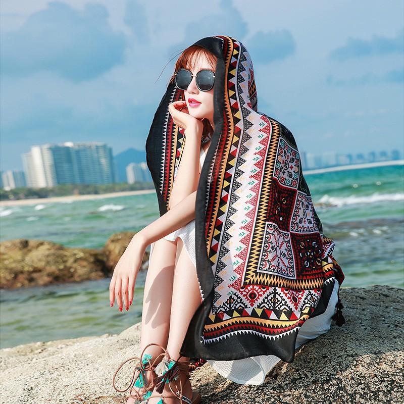 Khăn Choàng Quàng Cổ Boho Họa Tiết Thổ Cẩm Ô Vuông Màu Đỏ Đen - Chất Liệu Cotton - Size:90x180cm - Mã KC005