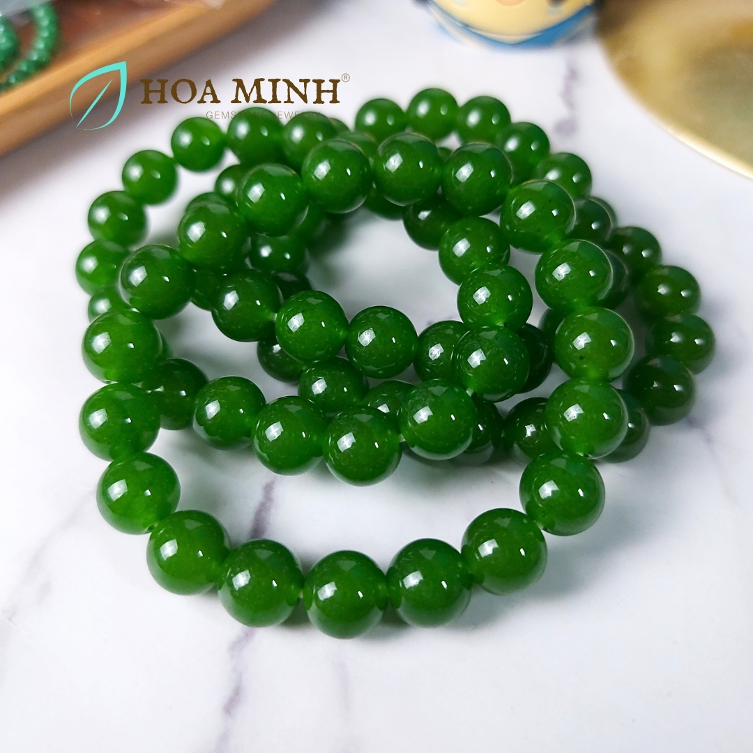 Vòng Tay Phong Thủy đá Mã Não xanh màu ngọc bích size hạt 9.9 li tuyệt đẹp thời trang