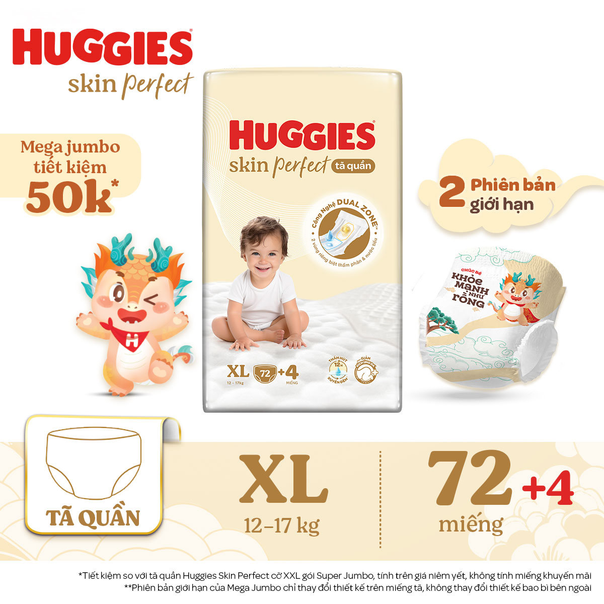 Tã quần Huggies Skin Perfect phiên bản Rồng giới hạn Mega Jumbo XL72+4 miếng với 2 vùng thấm giảm kích ứng da