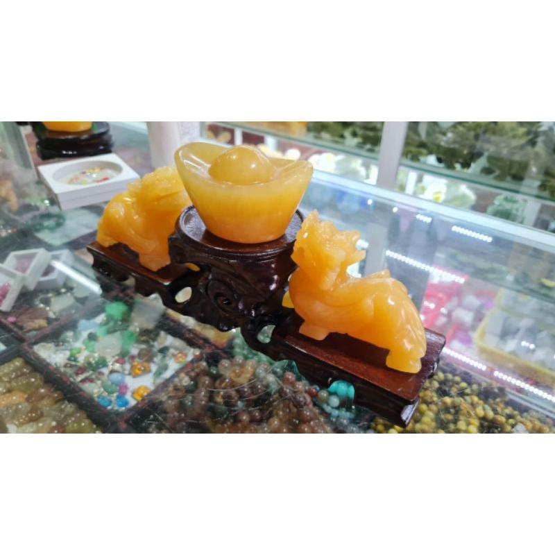 Bộ Tỳ Hưu 10cm + Bát tụ bảo 10cm + đế gỗ Đá ngọc Hoàng Long