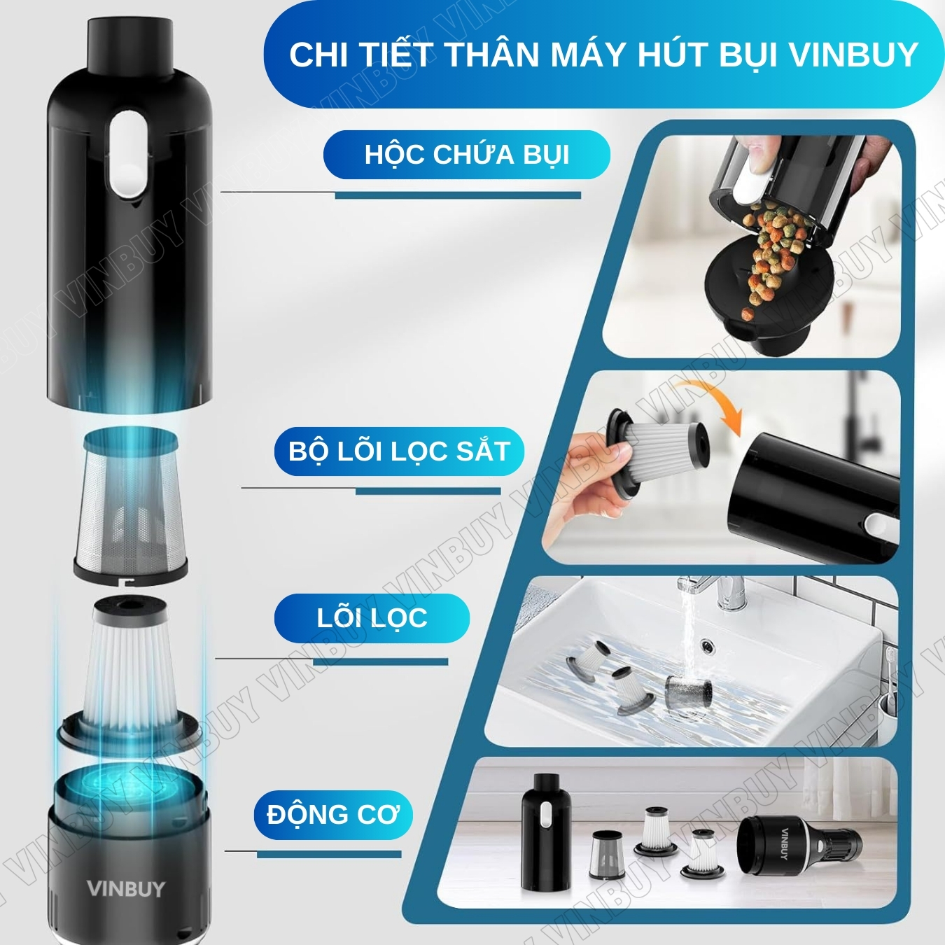 Máy hút bụi cầm tay, hút bụi xe ô tô, xe hơi, giường nệm, lực hút mạnh 22000PA, pin sạc không dây - Chính hãng VinBuy