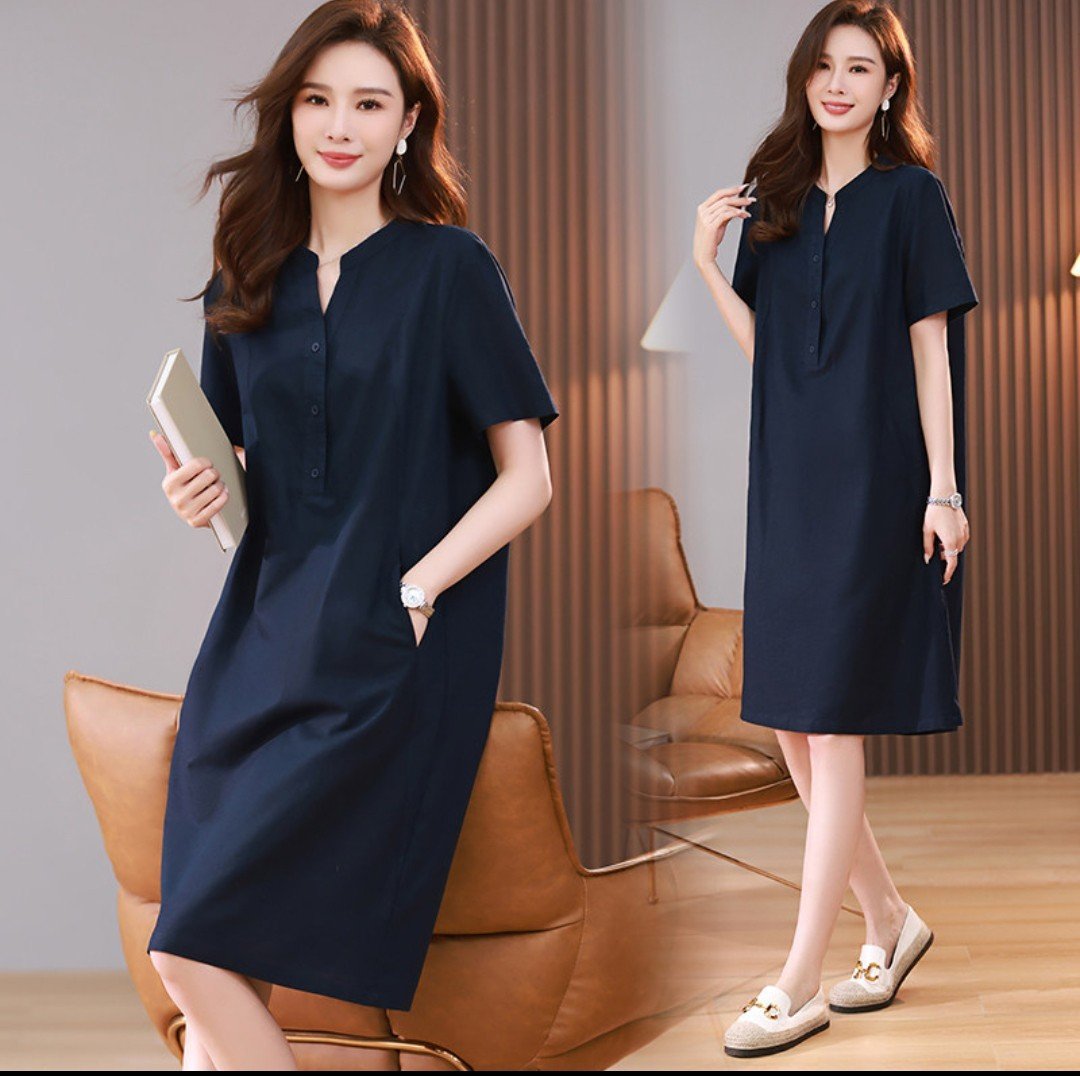 Đầm công sở cổ tàu phối nút, ngắn tay Hàn Quốc nữ trẻ trung, chất liệu Linen mềm mịn cao cấp Haint Boutique