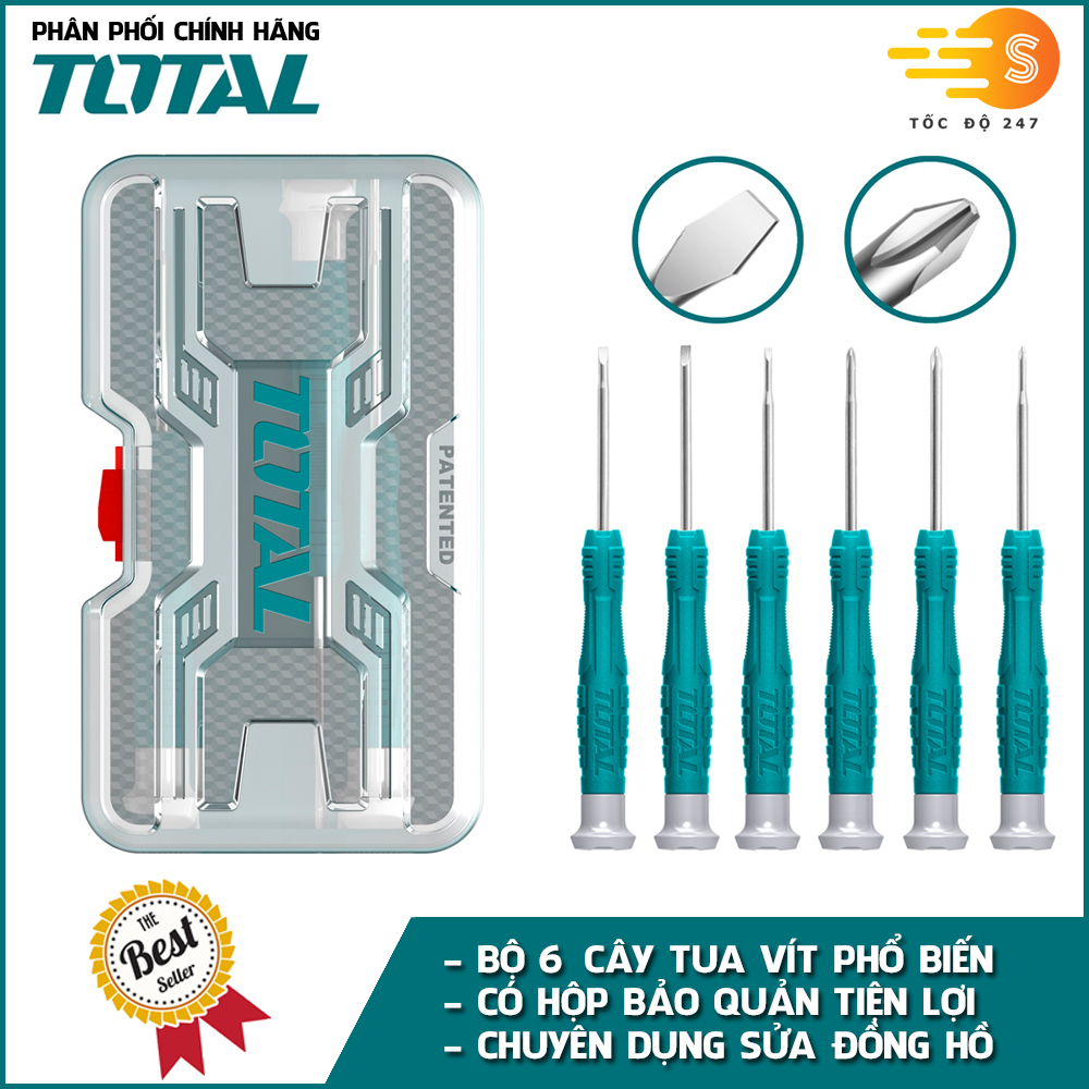 Bộ 6 cây tua vít chuyên dụng sửa đồng hồ TOTAL THT250PS0601 - Có hộp đựng, nhỏ gọn, thép chuyên dụng CR-V, tay cầm nhựa chắc chắn