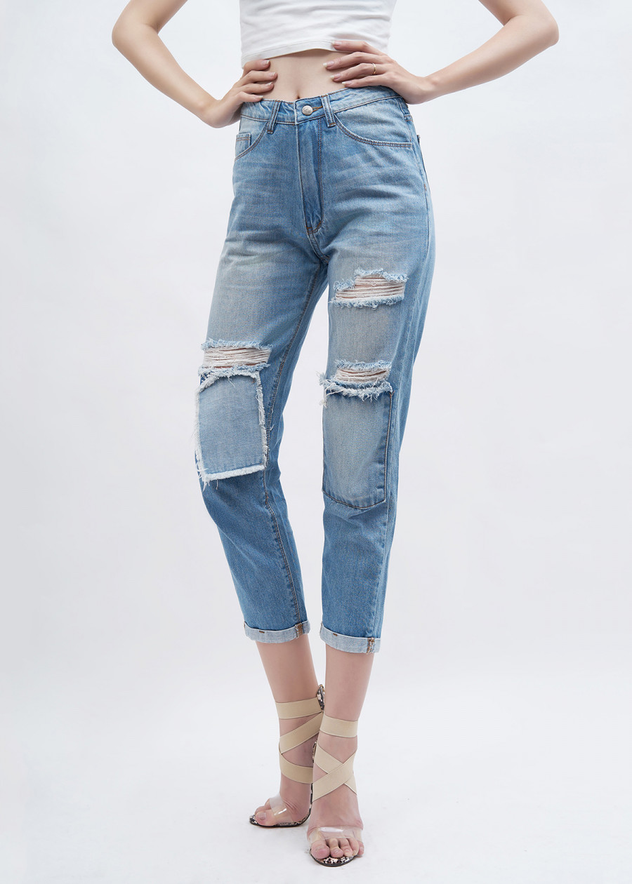 Quần jean nữ boyfriend AAA JEANS  rách xanh nhạt