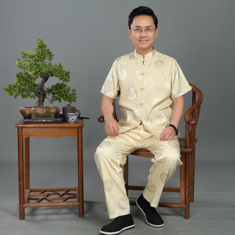 Bộ lam đi chùa, bộ quần áo vải lụa băng ngắn tay cổ tàu thời trang nam,bộ gấm nam trung niên cho bố