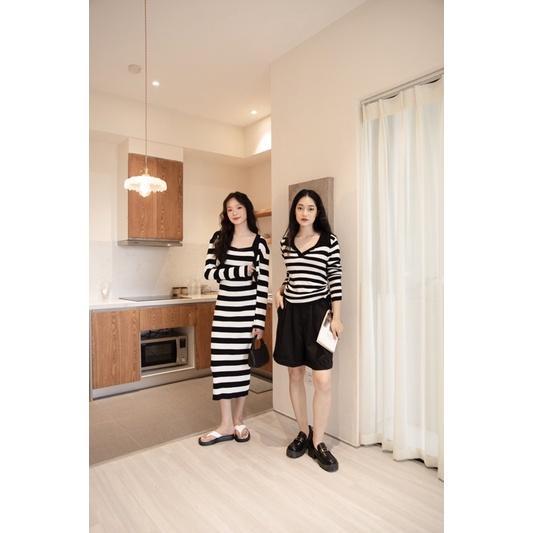 Áo len cổ bẻ dài tay rút dây cạnh 1 màu + kẻ ngang 76a35 by germe