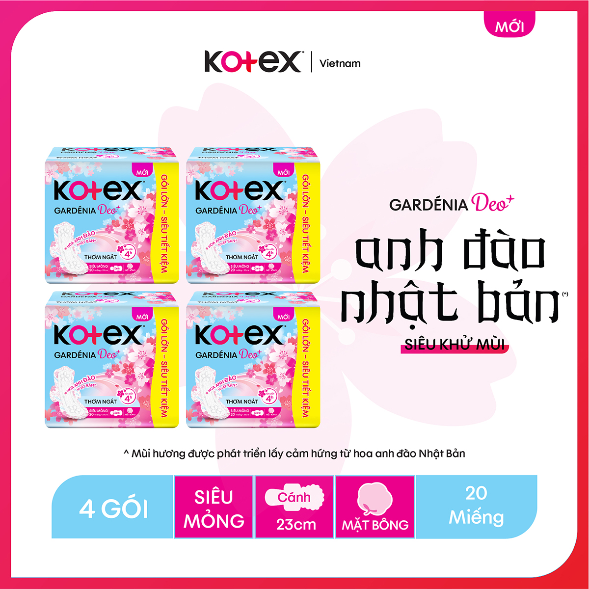Combo 4 gói Băng Vệ Sinh KOTEX GARDENIA DEO+ HƯƠNG HOA ANH ĐÀO, MẶT BÔNG, SIÊU MỎNG CÁNH, 20 MIẾNG