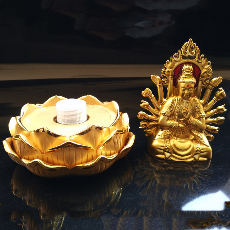 Tượng Phật Bà Quan Âm Nghìn Tay Hai Mặt Trang Trí Taplo Xe Hơi, Bàn Làm Việc Mạ Vàng