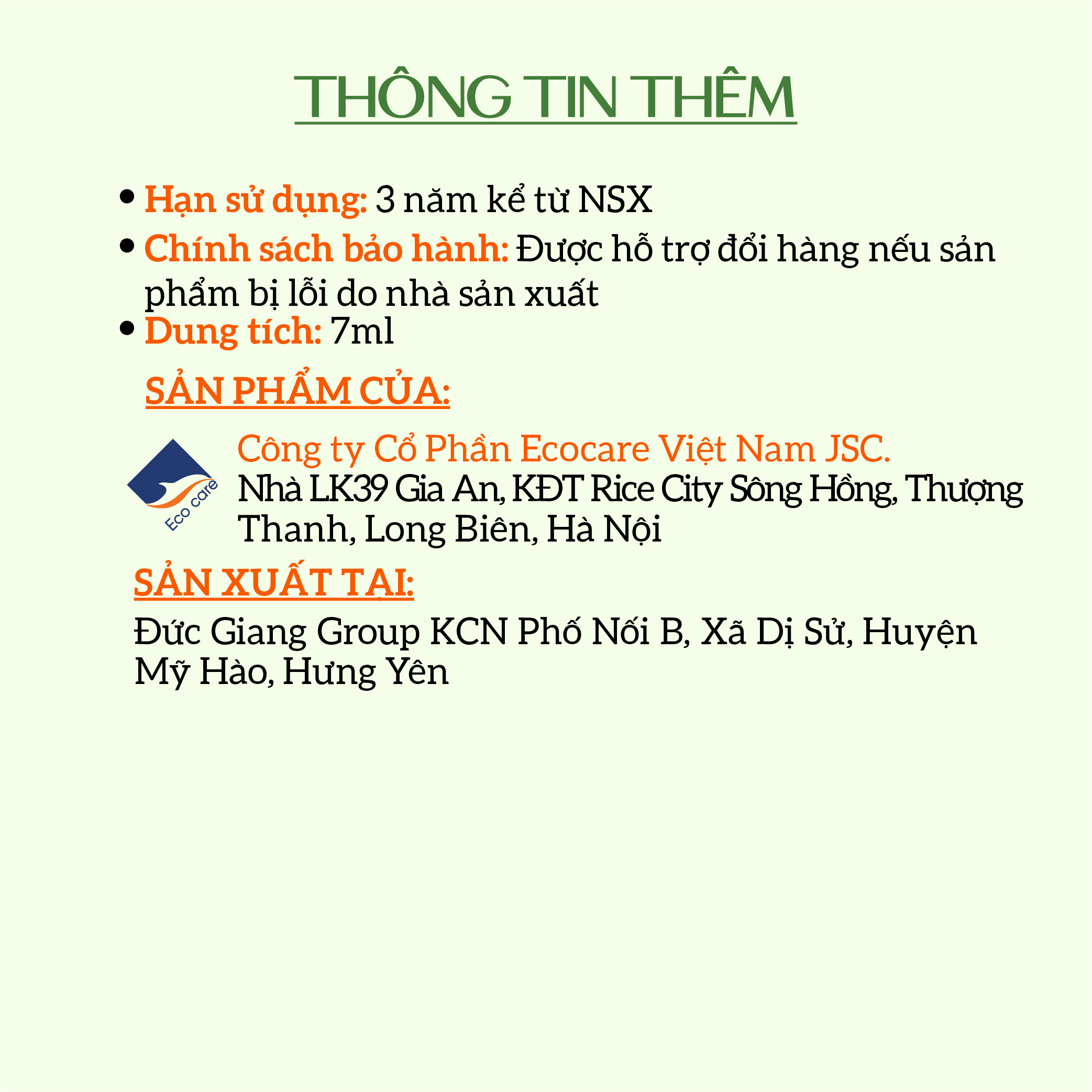 Tinh dầu treo xe ô tô cao cấp ECOCARE 7ml với thành phần nguyên chất tự nhiên, khử mùi và làm thơm xe hơi hiệu quả