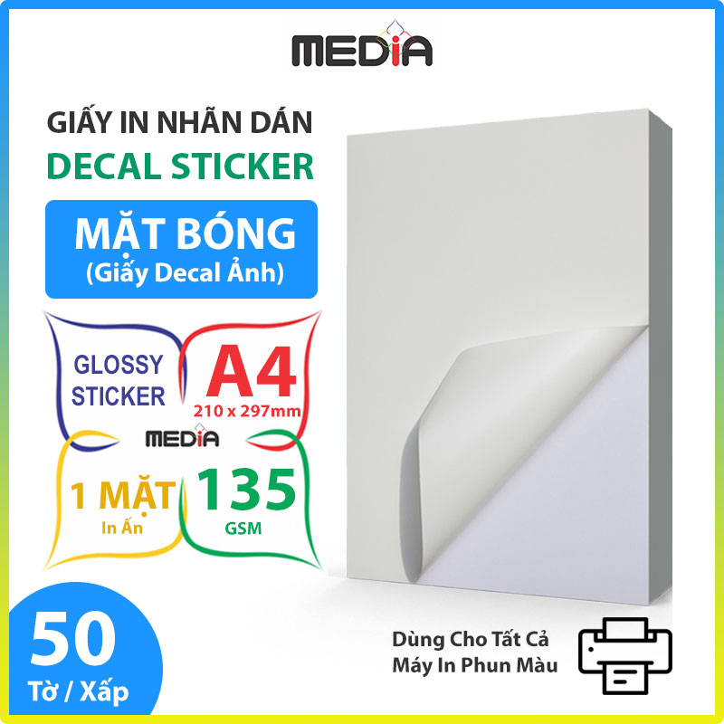 Giấy In Nhãn Dán (Decal) Media 1 Mặt Bóng A4 135gsm 50 Tờ - Hàng chính hãng