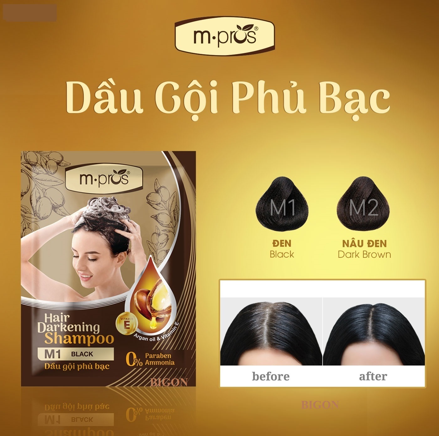 [Đủ Màu] Dầu Gội Nhuộm Tóc  Đen &amp; Nâu Phủ Bạc Siêu Dưỡng M.PROS Gói 25ml
