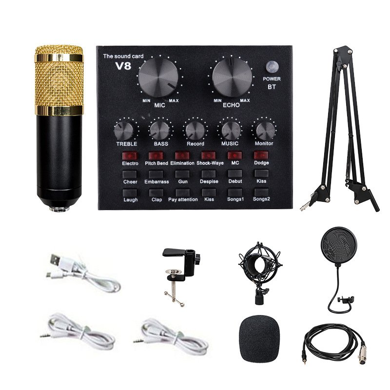 Combo Trọn Bộ thu Âm Micro BM 900, Soundcard V8 - Kèm full phụ kiện kẹp micro bàn, màng lọc âm, tai nghe chụp tai – Chuyên dùng livestream, thu âm, Hát Karaoke Online tại nhà - Livestream dễ dàng - Kết nối được smartphone, máy tính - Hàng nhập khẩu