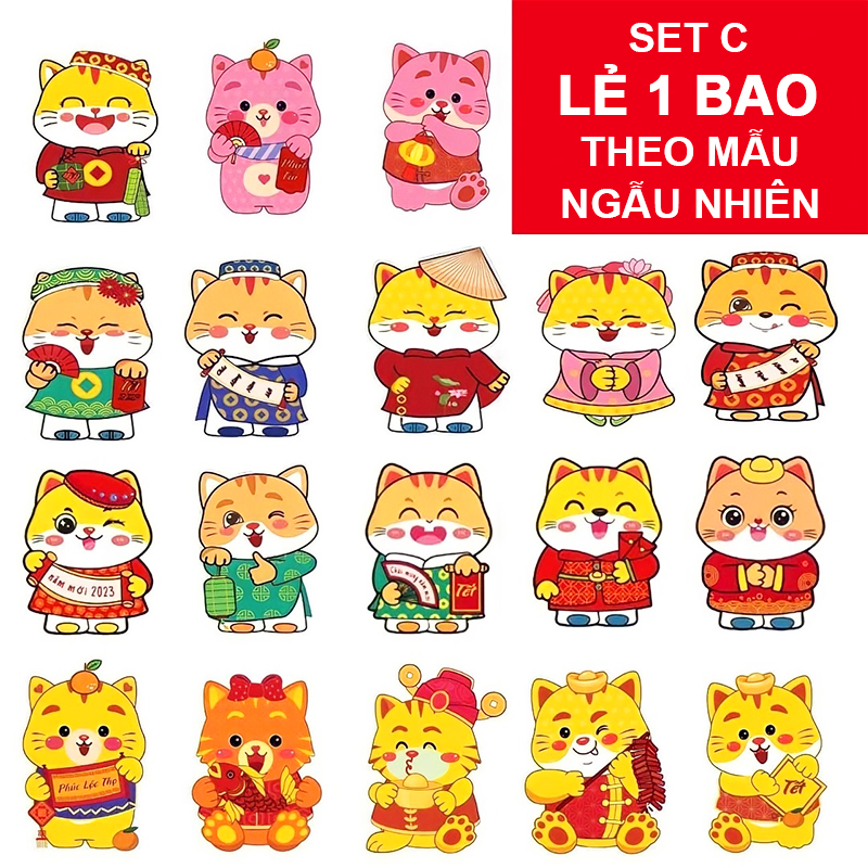 Bao lì xì chibi Quý Mão 2023 cao cấp, Bao lì xì Tết họa tiết hình mèo ngộ nghĩnh – LX006