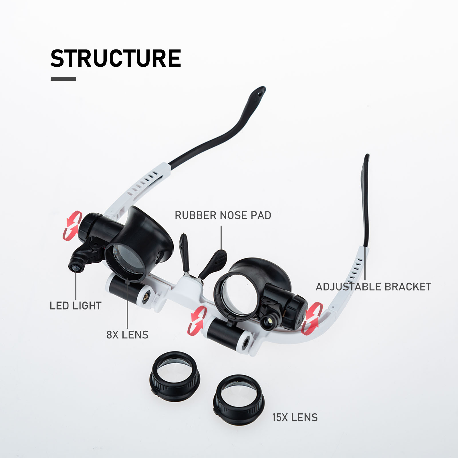 Loupe Magnifier Glasses Head Mount with LED Light Adjustable Glasses Bracket Watch Repair Magnifier for Mechanical