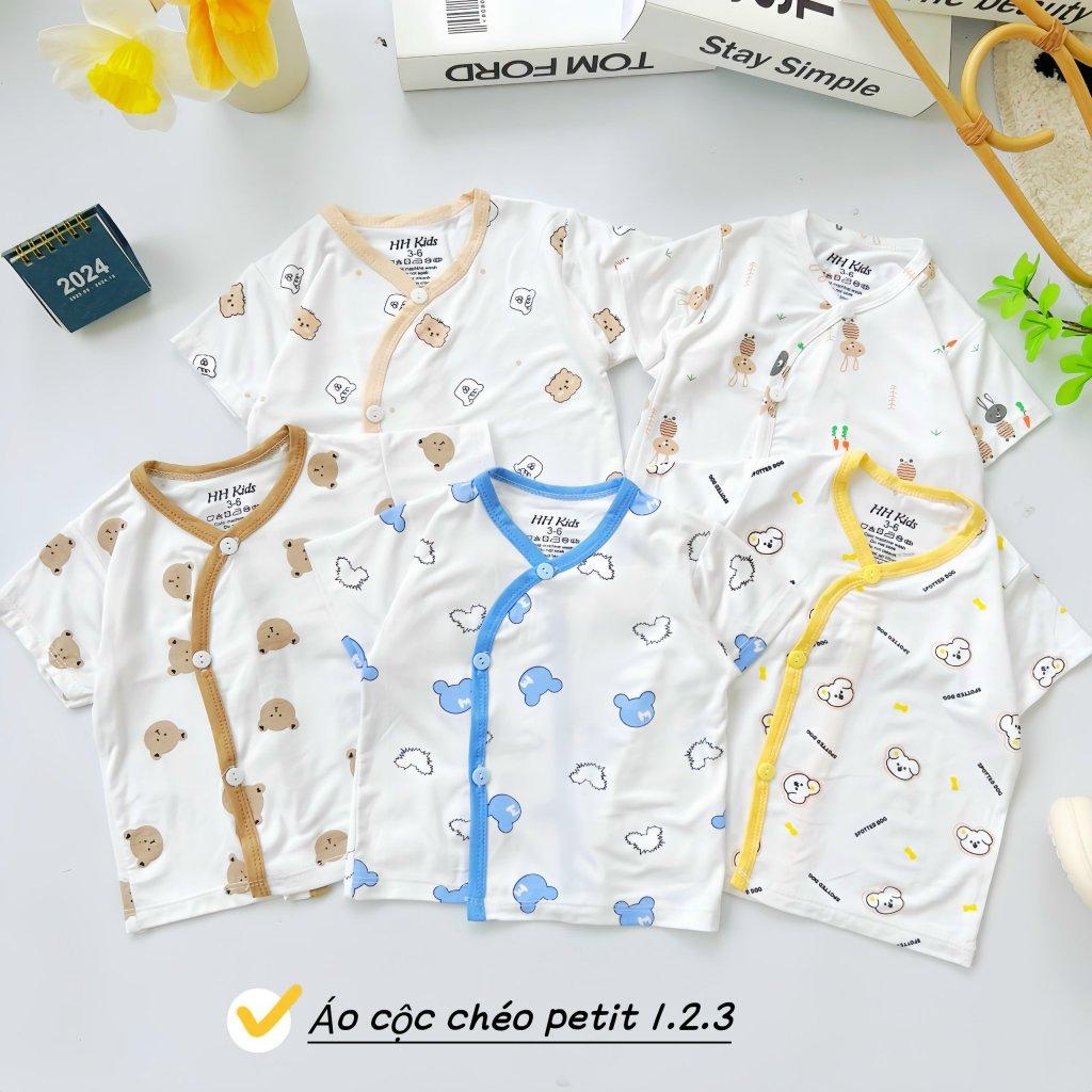 [3-9kg] Áo Sơ Sinh Ngắn Tay Họa Tiết Viền Màu Chất Petit Mềm Mát, Co Giãn 4 Chiều - Viền Xanh Ngọc