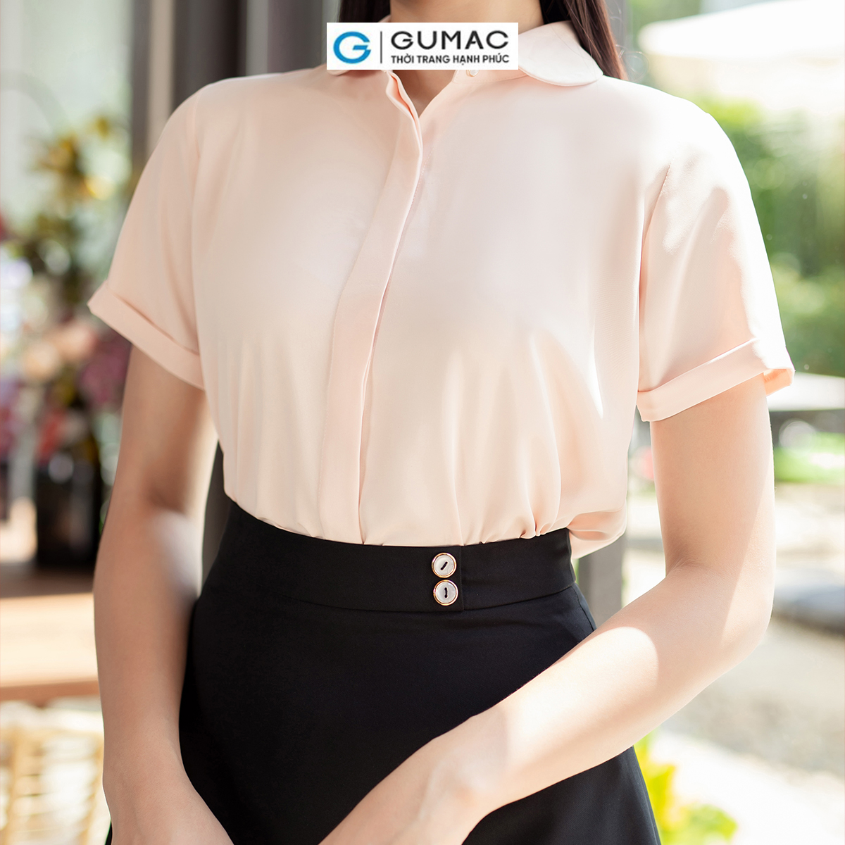 Áo sơ mi nữ tay ngắn lai lật nẹp giấu nút công sở thanh lịch thời trang GUMAC AD07025