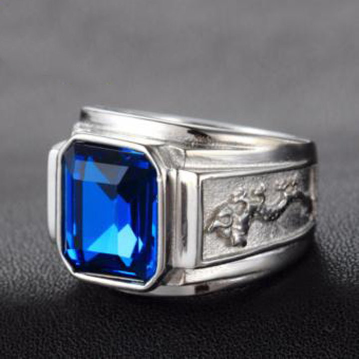 Nhẫn nam màu trắng khắc rồng thiêng mặt đá xanh dương ver2 MNH003T-4