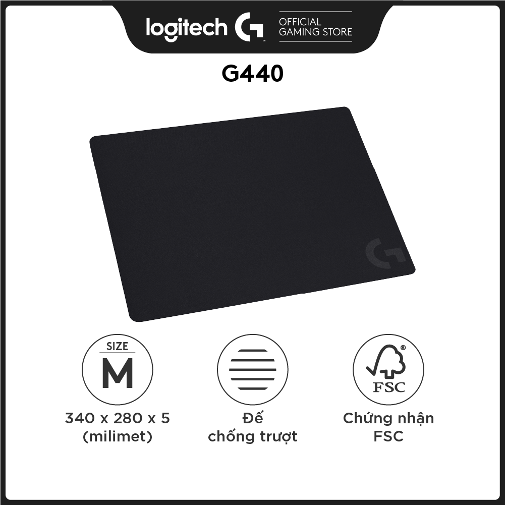 Bàn di chuột game Logitech G440 (Size M) tấm lót chuột chơi game bằng vải, tối ưu cho chơi game, ma sát, chống trượt kích thước 340 x 280 x 5 mm (dài x rộng x dày) - Hàng Chính Hãng