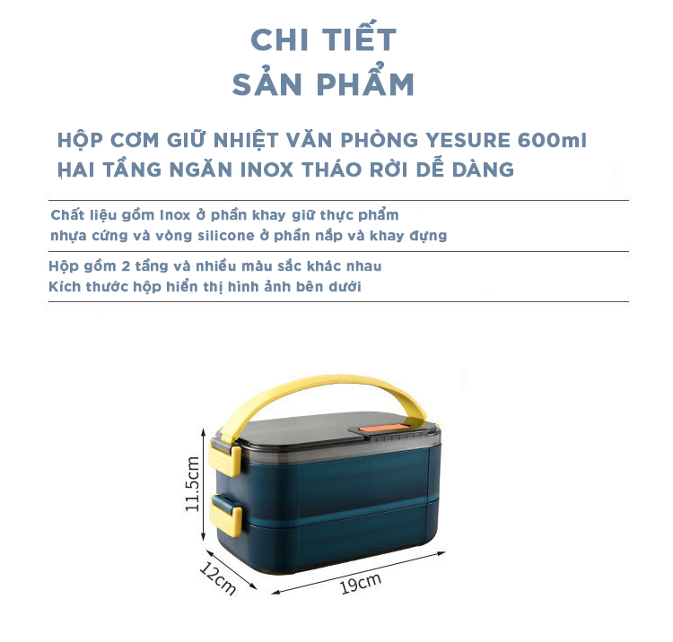 Hộp cơm giữ nhiệt văn phòng YESURE 1200ml Hai Tầng có ngăn Inox Tháo rời dễ dàng cho vào lò Vi Sóng - Hàng chính hãng