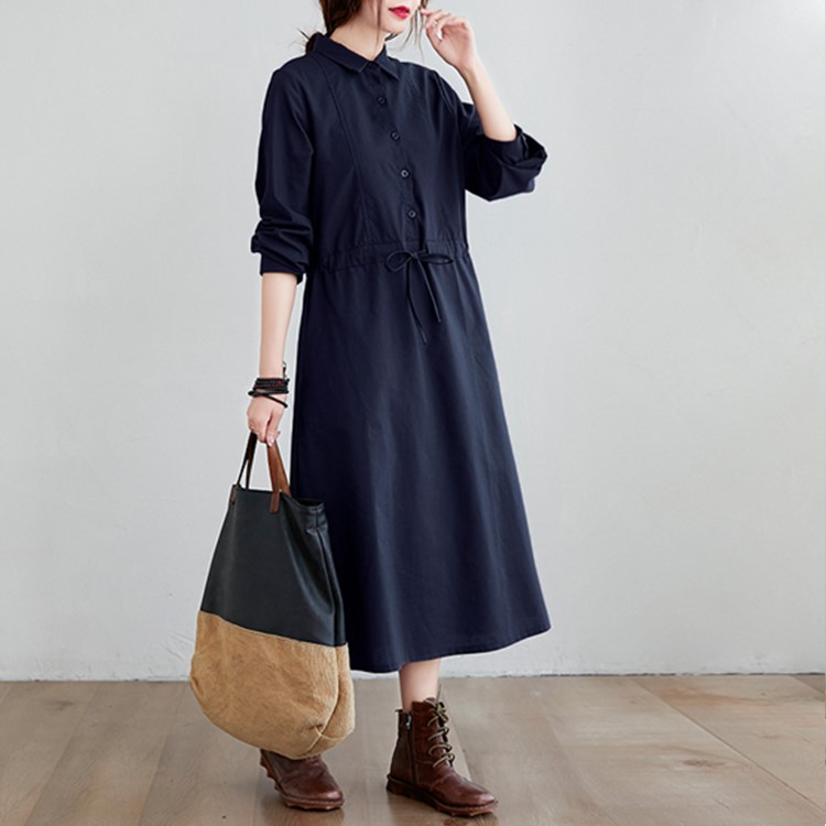 Đầm suông cổ sơ mi dài tay rút eo, chất vải linen tự nhiên mềm mại, thời trang thu đông ARCTIC HUNTER AH175