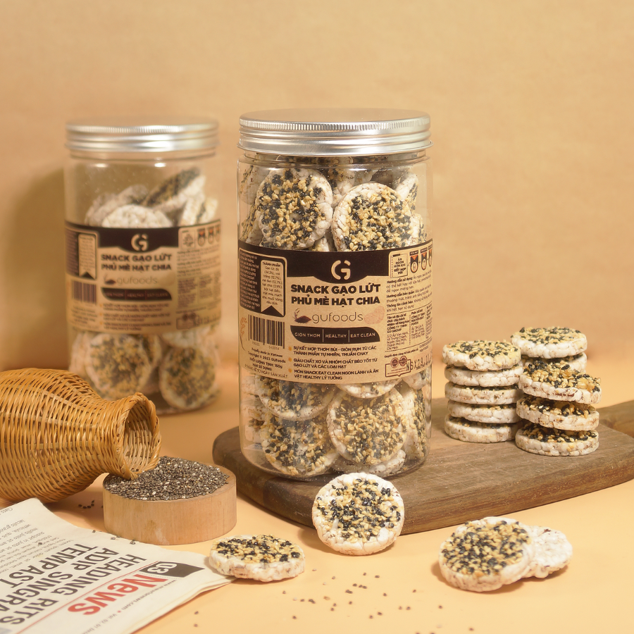 Snack gạo lứt phủ mè hạt chia GUfoods - Topping béo bùi giòn rụm, Tiện lợi, Giàu chất xơ, Eat clean, Thuần chay - Bánh kẹo Tết - Quà Tết