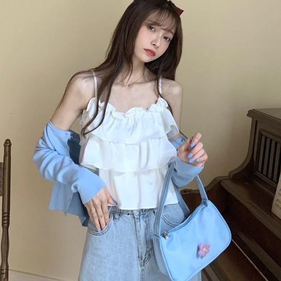 Áo 2 dây, áo hai dây viền bèo 3 tầng siêu xinh, vải voan lụa cao cấp thoáng mát, mặc đi chơi, đi biển, AO003