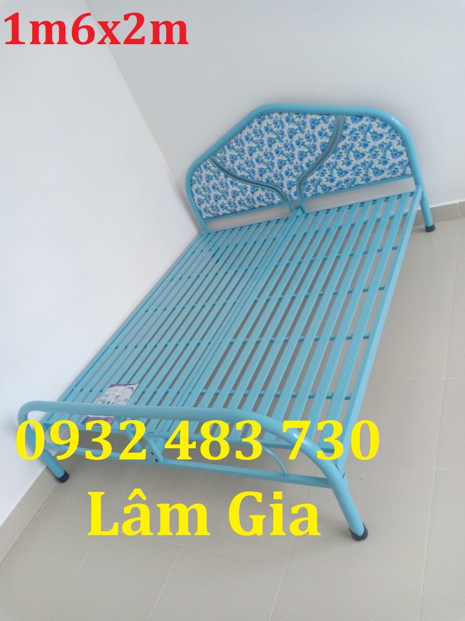 Giường sắt mẫu hoa rộng 1m6x2m màu xanh_TPD16