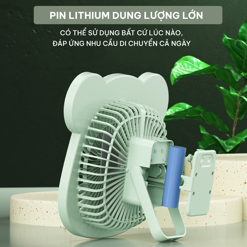 Quạt mini để bàn, quạt tích điện 3 tốc độ Cwell kèm dải 25 đèn Led, có móc treo - Tặng cáp sạc USB