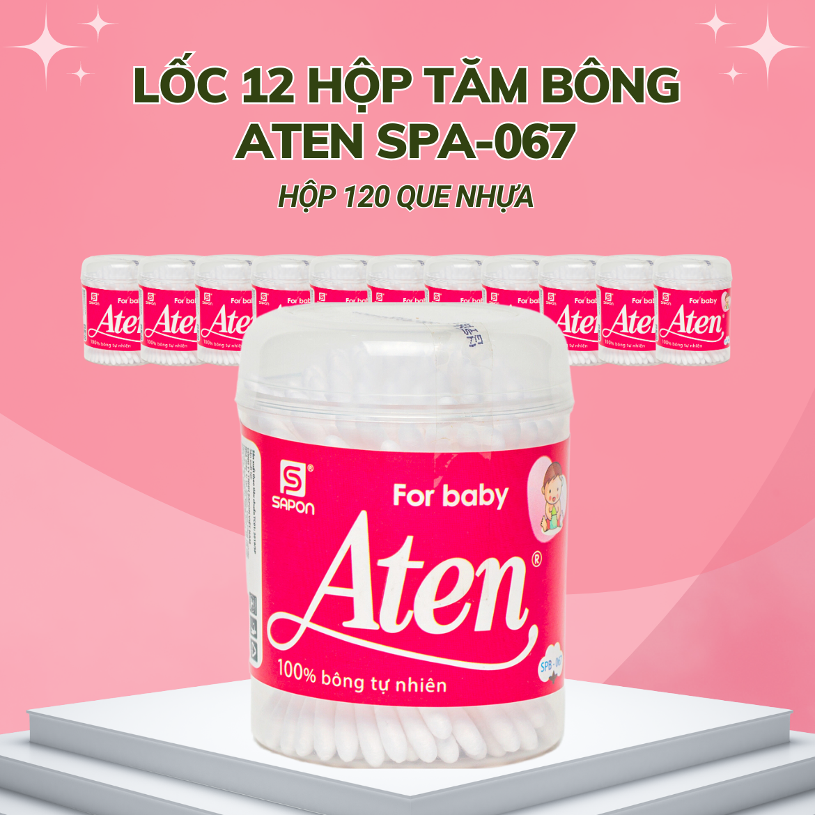 Lốc 12 hộp Tăm bông Aten trẻ em thân nhựa hộp 120 que SPB-067