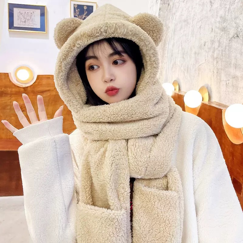 Mũ khăn quàng cổ mũ lông gấu có găng tay thời trang siêu dễ thương giữ ấm dành cho nữ