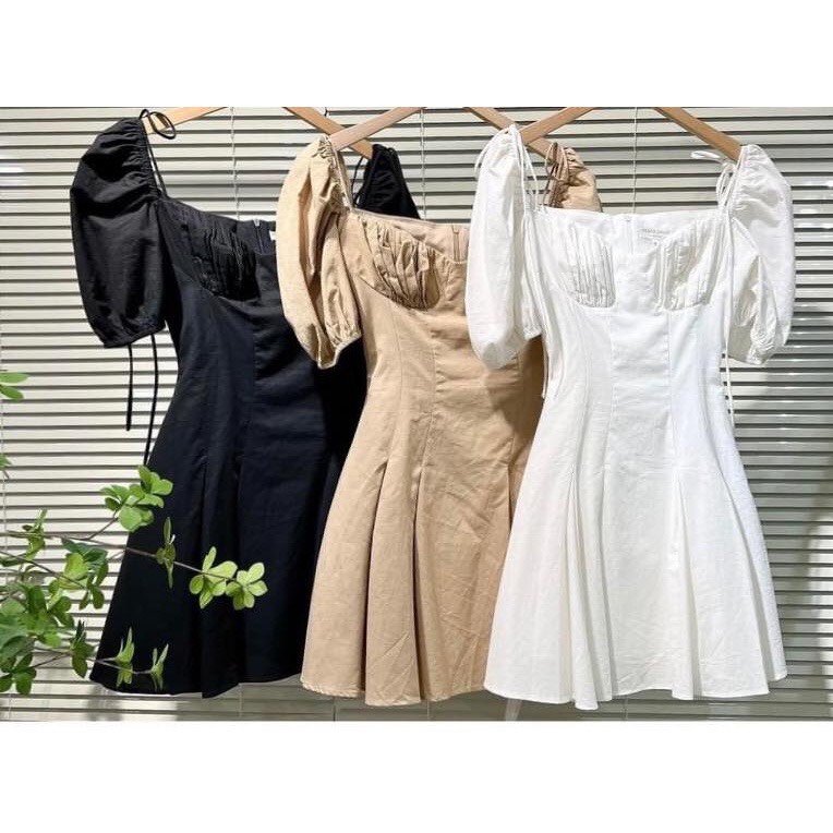 Đầm xòe nhún ngực 2 dây cột nơ tay phồng có 3 màu, 3 size lựa chọn
