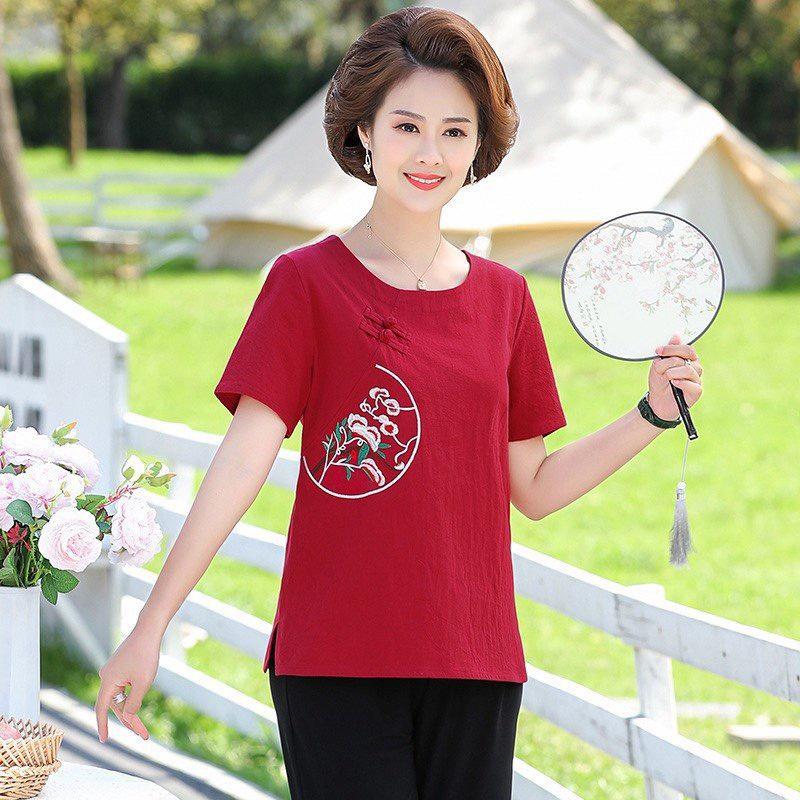️Áo Trung Niên️ Cho Mẹ, Mẫu Áo Trung Niên Nữ Thêu Bán Nguyệt Lụa Đũi Cổ Tròn Tay Ngắn Trẻ Trung