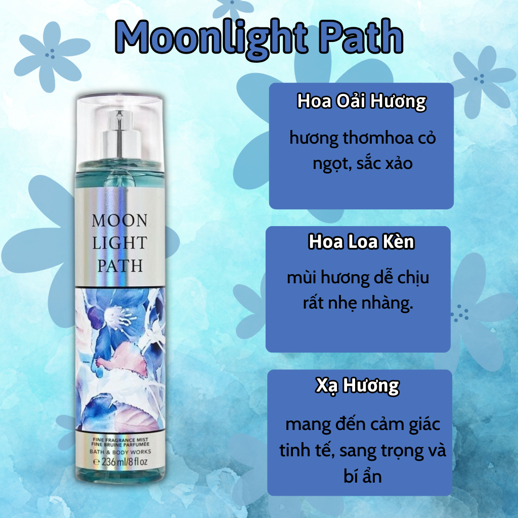 Body Mist Bath And Body Works Nam Nữ Chính Hãng Moonlight Path, Xịt Thơm Body Toàn Thân Hương Nước Hoa 236ml