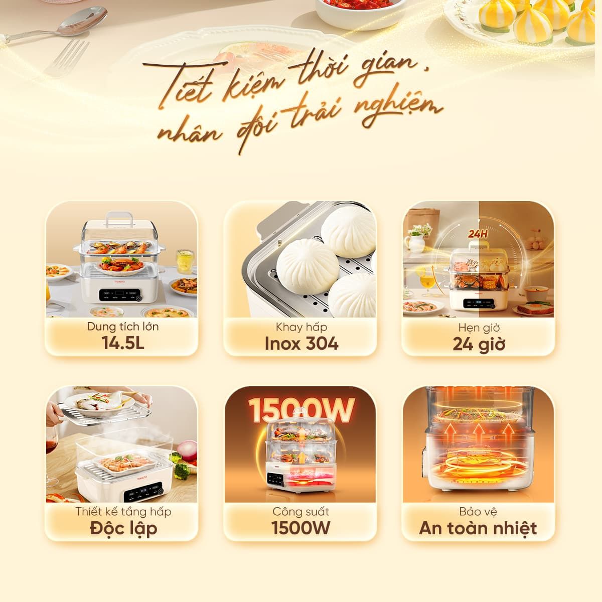 Nồi Lẩu Hấp Đa Năng 3in1 Masuto MSSteam - Vừa Lẩu, Vừa Hấp, Vừa Hầm, Công Suất 1500W, Dung Tích 14,5L, Hấp Gà Nguyên Con - Hàng chính hãng