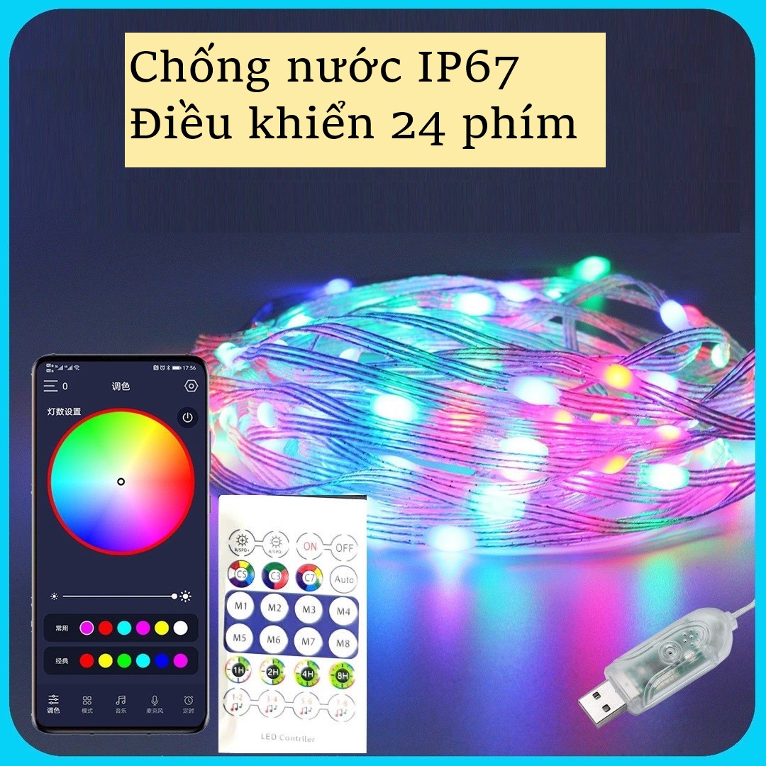 Dây Đèn Led Trang Trí Dài 20 Mét, Đèn Led RGB 16 Triệu Màu Chống Nước, Led Giọt Lệ Điều Khiển Qua APP, Remote 24 Phím, Nguồn USB