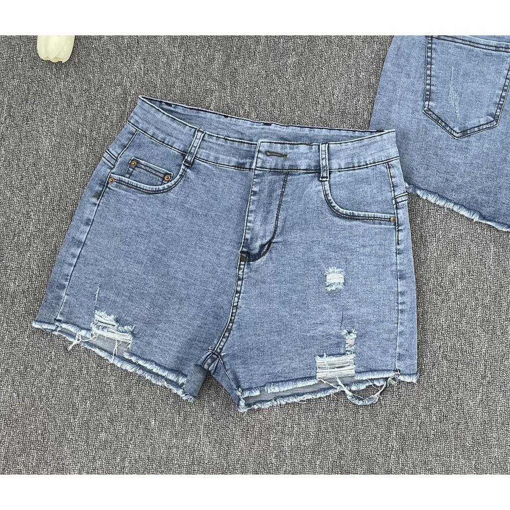 Quần short jean nữ BigSize lưng cao trên rốn, co dãn mạnh, tua lai, màu xanh nhạt rách kiểu dành cho người mập 3451