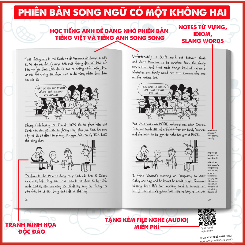Nhật Ký Chú Bé Nhút Nhát tập 19 song ngữ &amp; tiếng Việt - Diary of a Wimpy Kid: Hot mess, tặng file nghe &amp; note từ vựng
