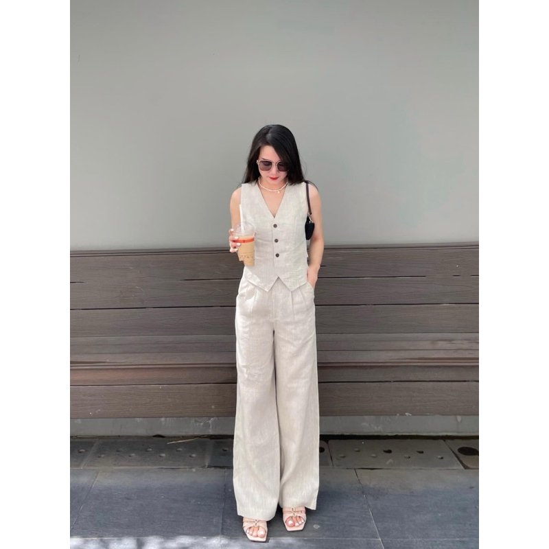 Set gile linen áo thiết kế vạt nhọn và quần dài ống rộng có túi, thời trang công sở thanh lịch, đi làm đi tiệc Bv10
