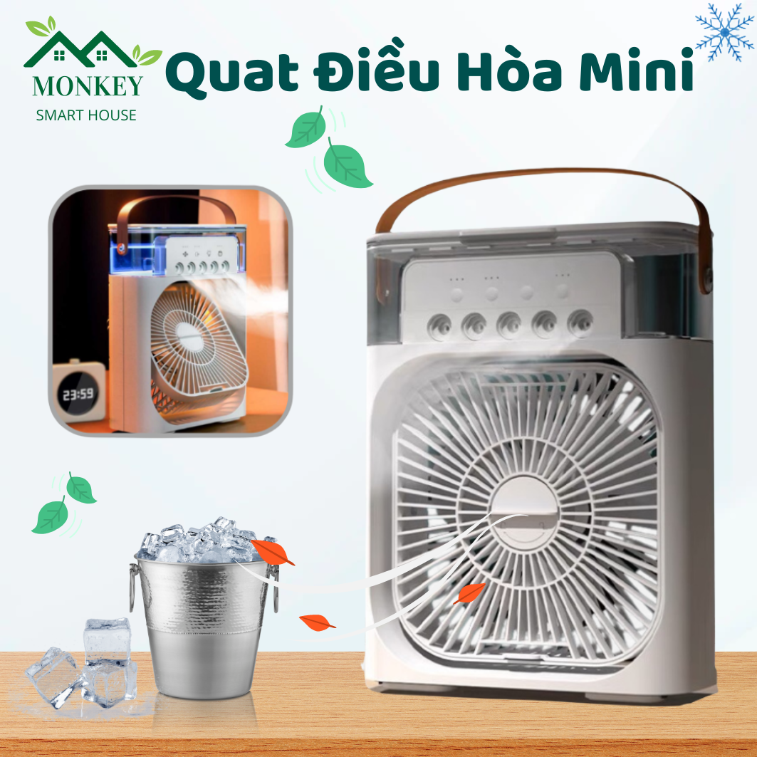 Quạt Điều Hoà Mini Để Bàn, Quạt Phun Sương, Quạt Hơi Nước Tạo Độ Ẩm Sạc Tích Điện 3 Cấp Độ Gió 300ml