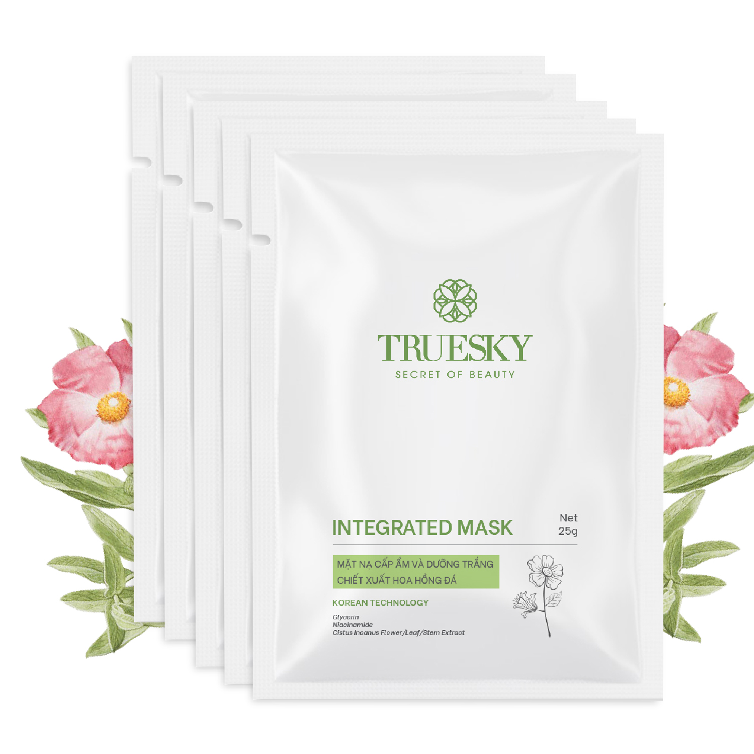 Combo 5 miếng mặt nạ dưỡng trắng da và ngăn ngừa lão hoá Truesky Integrated Mask chiết xuất hoa hồng đá 25g