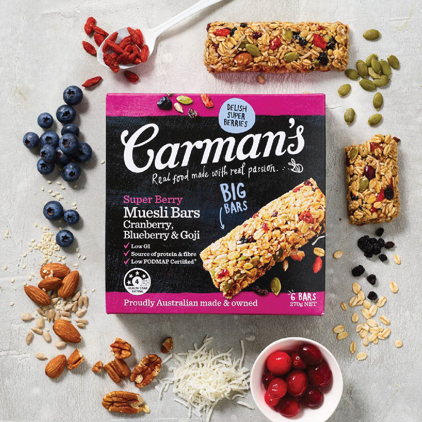 Thanh Ngũ Cốc Carman's Super Berry Muesli Bar Cranberry, Blueberry, Goji - 270g